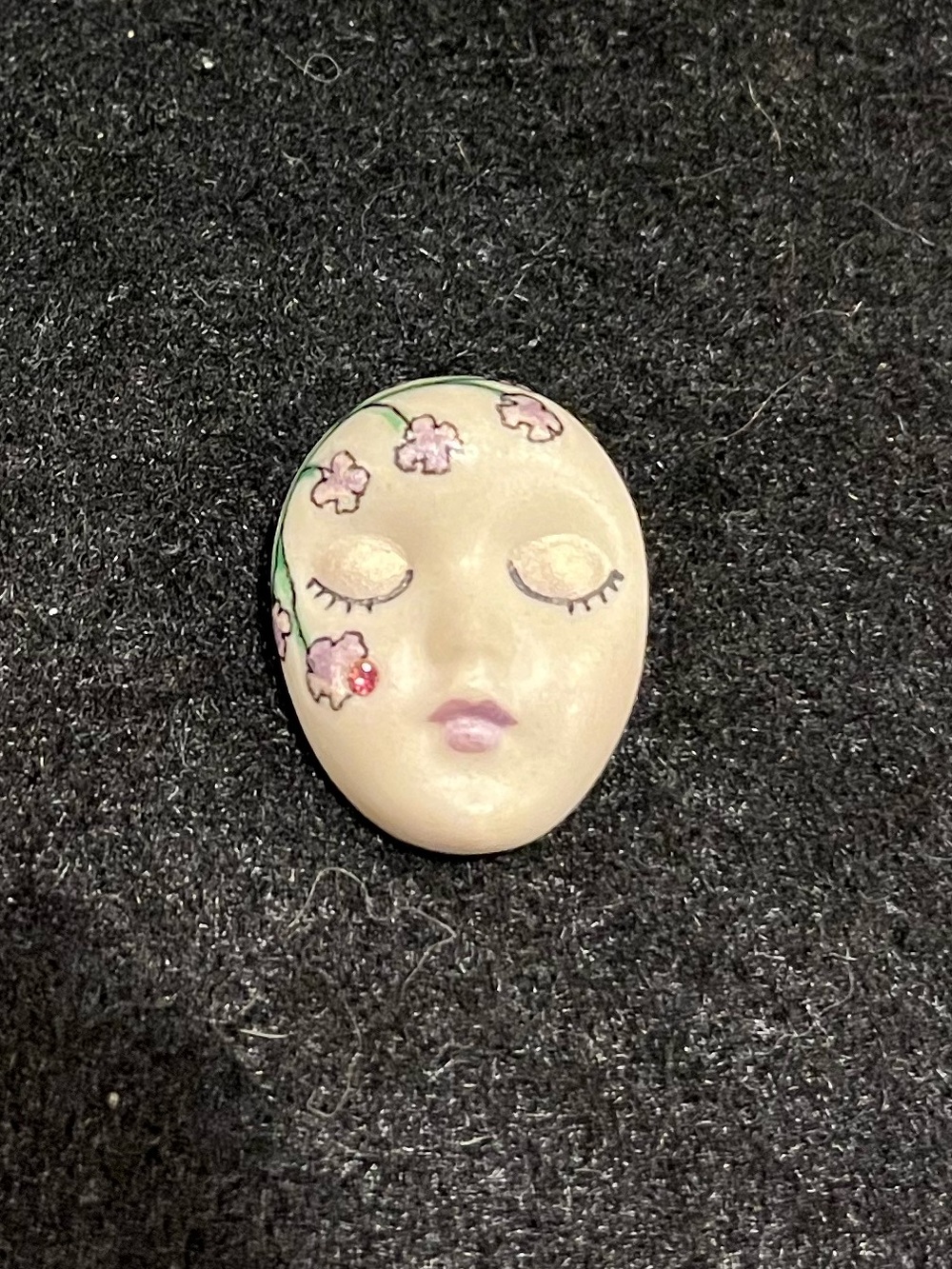 Vintage 80s Hand Painted Porcelain Mini Face Brooch Pin Floral Pattern
